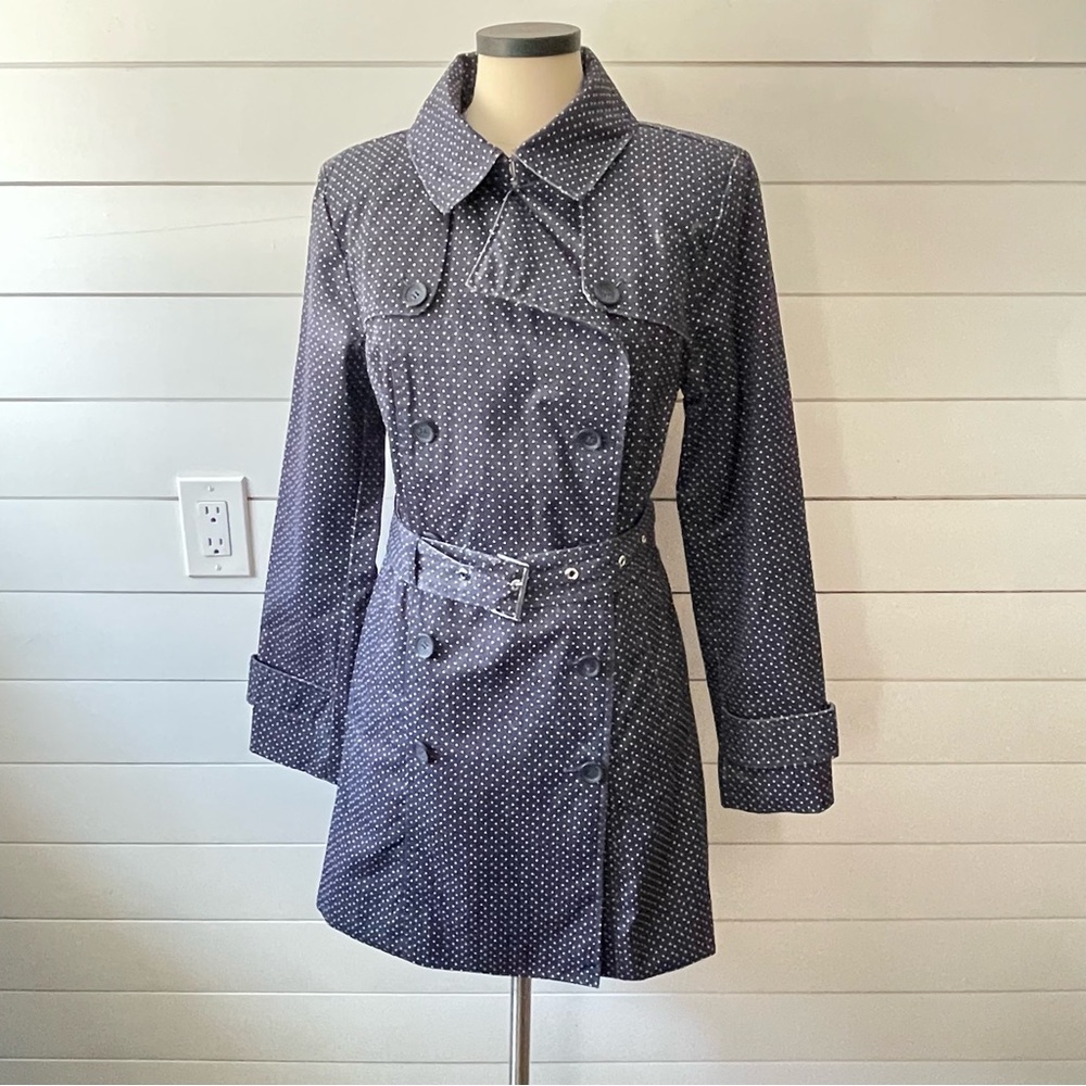 Tommy Hilfiger- Navy Polka Dot Double-Breasted Trench Coat - Medium